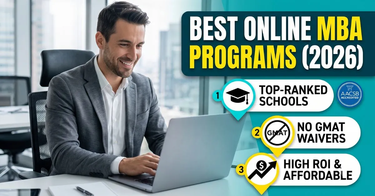 A working professional typing on a laptop at a home desk, analyzing financial charts for an online MBA program.