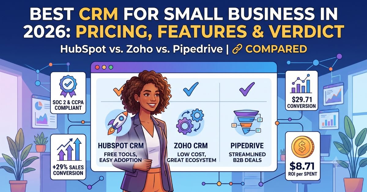 A visual dashboard comparison of the best CRM software for small businesses showing sales pipelines and pricing tiers
