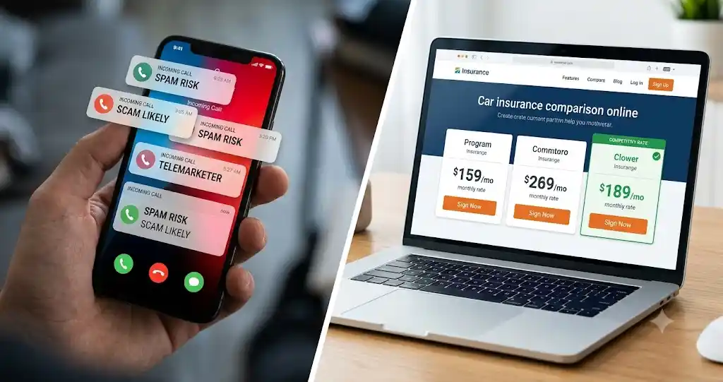 A split screen showing spam phone calls next to a clean digital dashboard comparing safe car insurance quotes online.