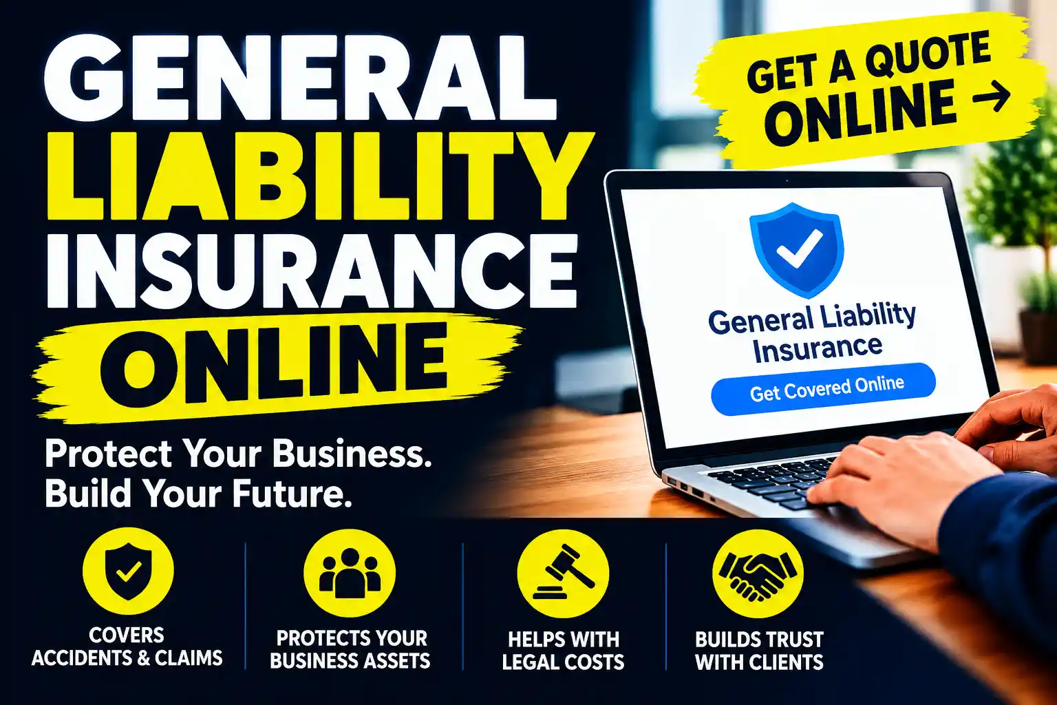 A small business owner using a laptop in their workspace to compare general liability insurance quotes online.